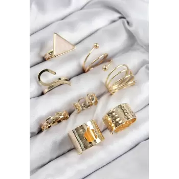 Pirinç Üçgen Model Gold Renk Kadın Yüzük Kombin Set