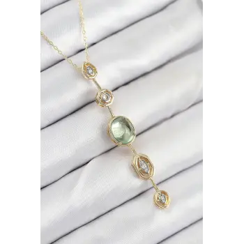 Pirinç Zincir Yeşil Gold Renk Zirkon Taşlı Y Kolye