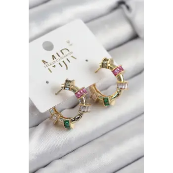 Pirinç Zirkon Taşlı Halka Model Gold Renk Kadın Küpe