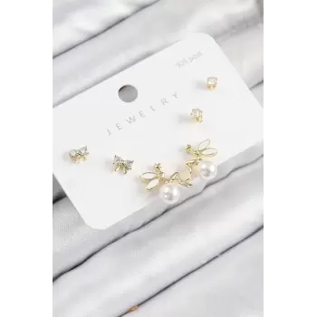 Pirinç Zirkon Taşlı İnci Melek Model Gold Renk 925 Ayar Gümüş Çivi Kadın Küpe Set