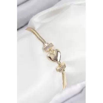 Pirinç Zirkon Taşlı Kalp Model Gold Renk Kadın Bileklik