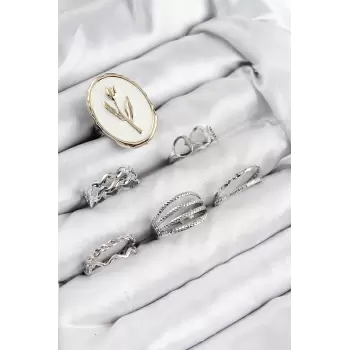 Pirinç Zirkon Taşlı Lale Model Gümüş Renk Kadın Yüzük Kombin Set