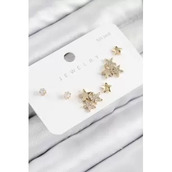 Pirinç Zirkon Taşlı Yıldız Model Gold Renk 925 Ayar Gümüş Çivi Kadın Küpe Set