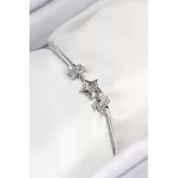 Pirinç Zirkon Taşlı Yıldız Model Gümüş Renk Kadın Bileklik