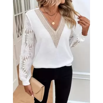 V Yaka Fistolu Kolu Tül Detaylı Bluz -Beyaz