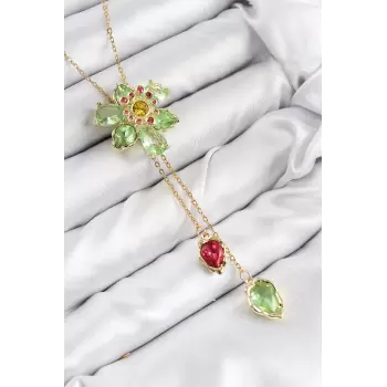 VIP Pirinç Zirkon Taşlı Çiçek Model Gold Renk Asansörlü Kadın Kolye