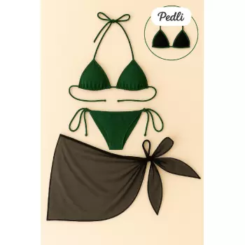 Kadın Yeşil Siyah Pareolu Yandan Ve Boyundan Bağlamalı 3lü Bikini Takımı
