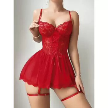Luz&Pos Arias Closet Kırmızı Dantel İşlemeli Jartiyerli Fantezi Şık Gecelik