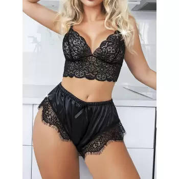 Luz&Pos Arias Closet Siyah Dantel İşlemeli İnce Askılı Saten Şortlu Bralet Takımı