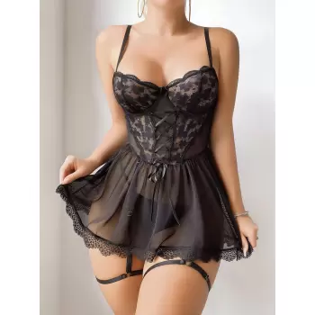 Luz&Pos Arias Closet Siyah Dantel İşlemeli Jartiyerli Fantezi Şık Gecelik