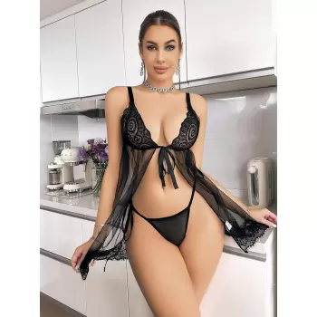 Luz&Pos Arias Closet Siyah Dantel İşlemeli Önden Bağlamalı Fantezi Şık Tül Gecelik