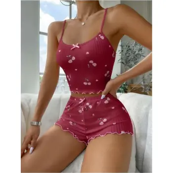 Bordo Kiraz Desenli Askılı Şortlu Pijama Takımı