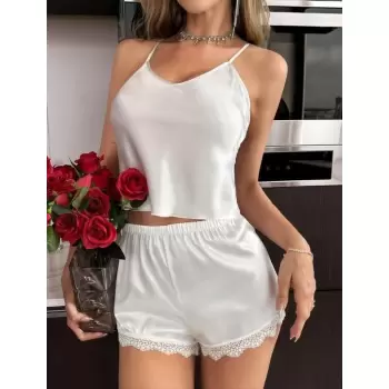 Luz&Pos Arias Closet Beyaz Dantel İşlemeli İnce Askılı Saten Şortlu Takım