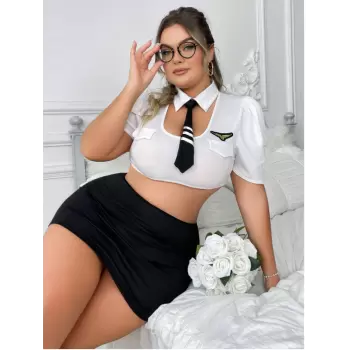 Büyük Beden Beyaz Bolerolu Mini Etekli Fantezi Havacı Kız Kostümü