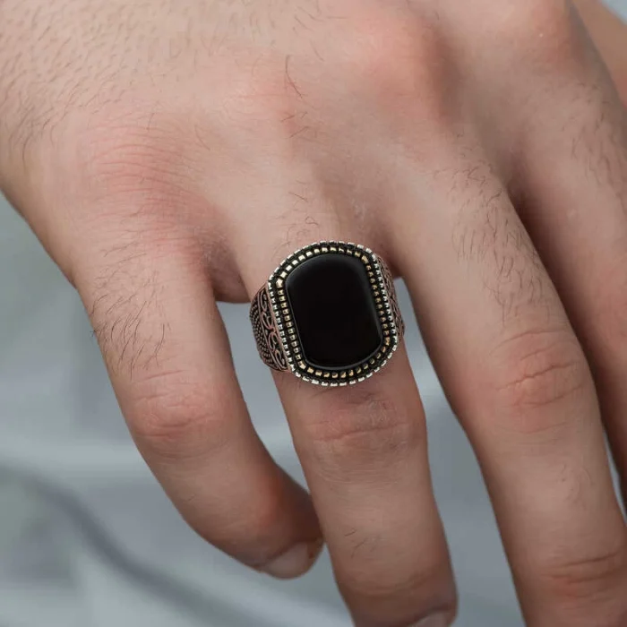 Luz&Pos ​gümüş Oniks Taşlı Desenli Erkek Yüzük
