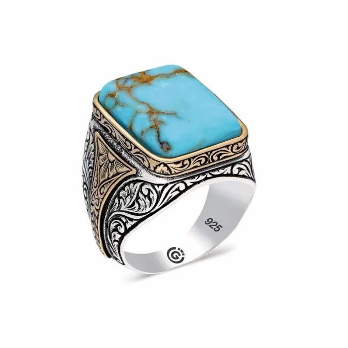 Luz&Pos ​gümüş  Zirkon Turkuaz Taşlı Kare Erkek Yüzük