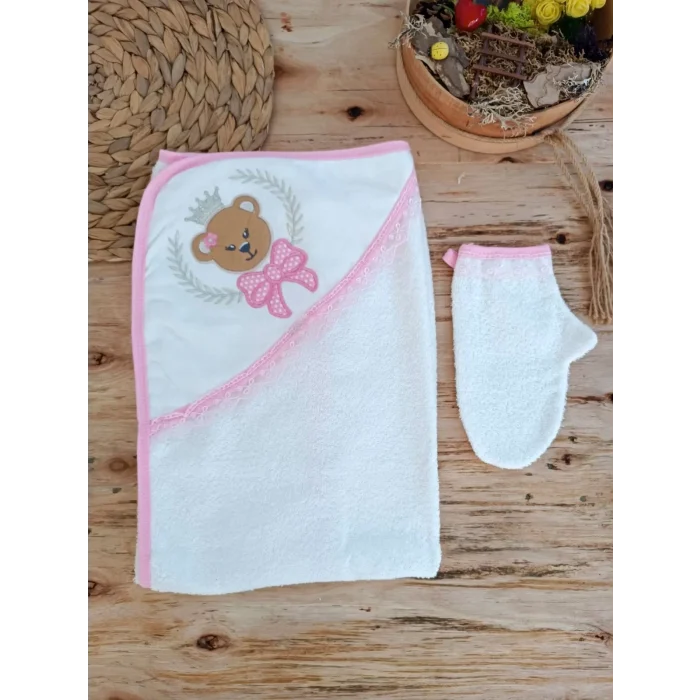 Luz&Pos 0-1 Yaş Bear Nakışlı El Keseli 2li Kız Bebek Havlu Takımı Pembe