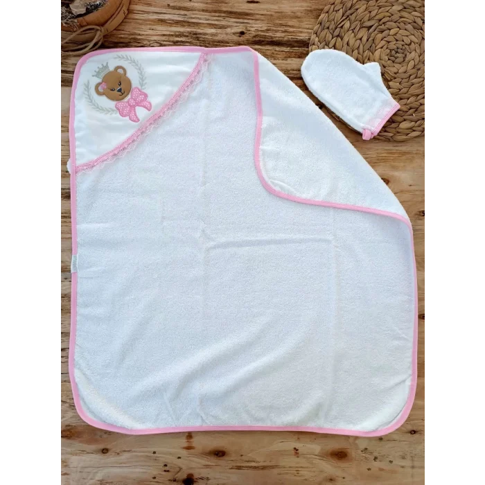 Luz&Pos 0-1 Yaş Bear Nakışlı El Keseli 2li Kız Bebek Havlu Takımı Pembe