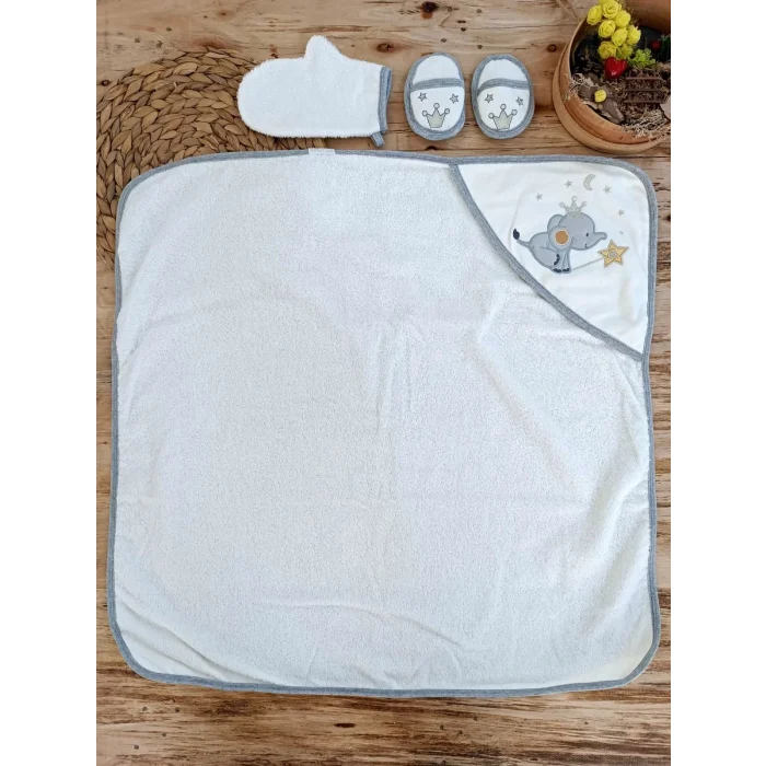 Luz&Pos 0-1 Yaş Sevimli Fil Nakışlı Pareolu 4lü Kız Erkek Bebek Havlu Silgi Takımı Ekru