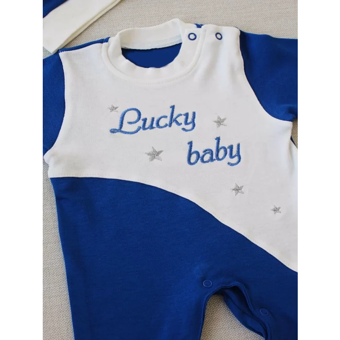 Luz&Pos 0-3 3-6 Ay Lucky Baby Nakışlı Es Çizgi Boy Şapkalı Erkek Bebek Tulumu Lacivert