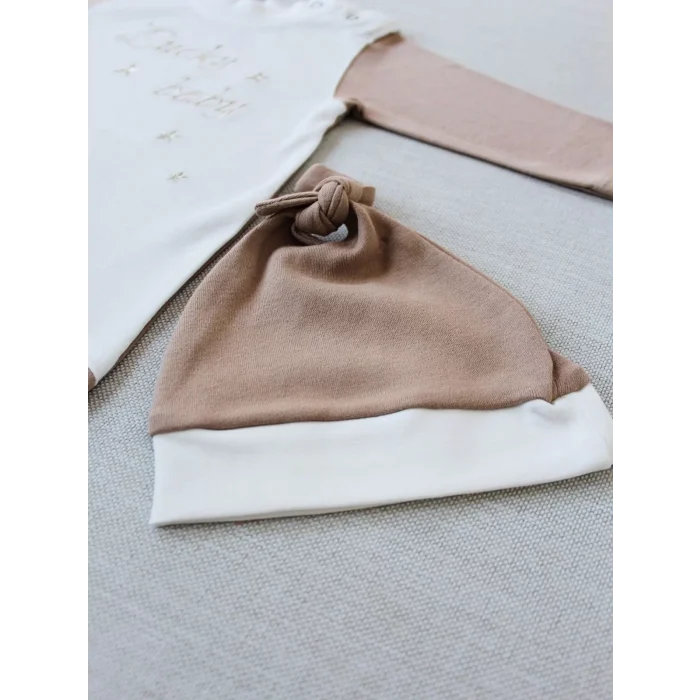 Luz&Pos 0-3 3-6 Ay Lucky Baby Nakışlı Es Çizgi Boy Şapkalı Erkek Bebek Tulumu Kahverengi