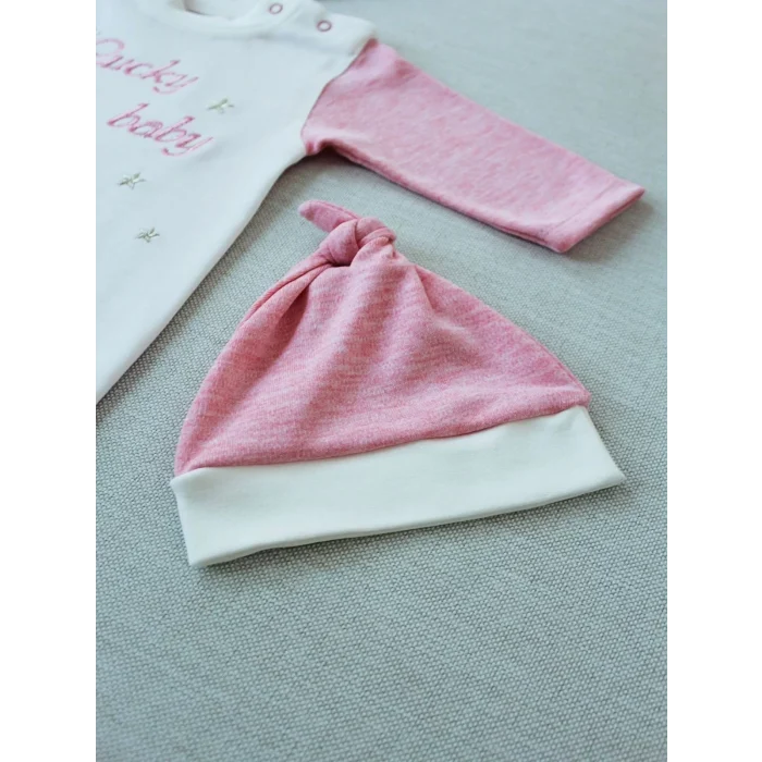 Luz&Pos 0-3 3-6 Ay Lucky Baby Nakışlı Es Çizgi Boy Şapkalı Kız Bebek Tulumu Pembe