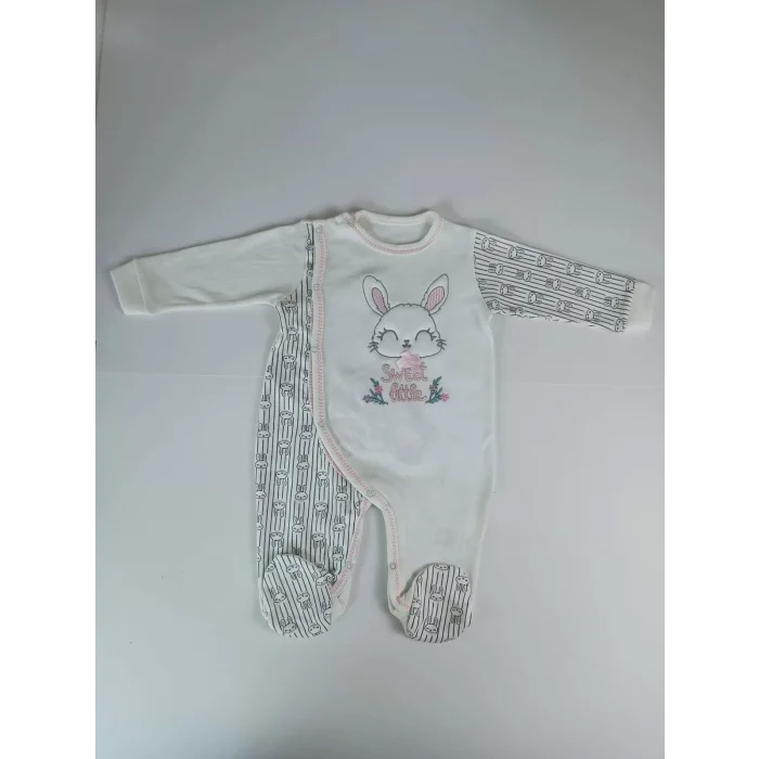Luz&Pos 0-3 3-6 Ay Minik Tavşan Nakışlı Boydan Çıtçıt Kapamalı Kız Erkek Bebek Tulumu Ekru