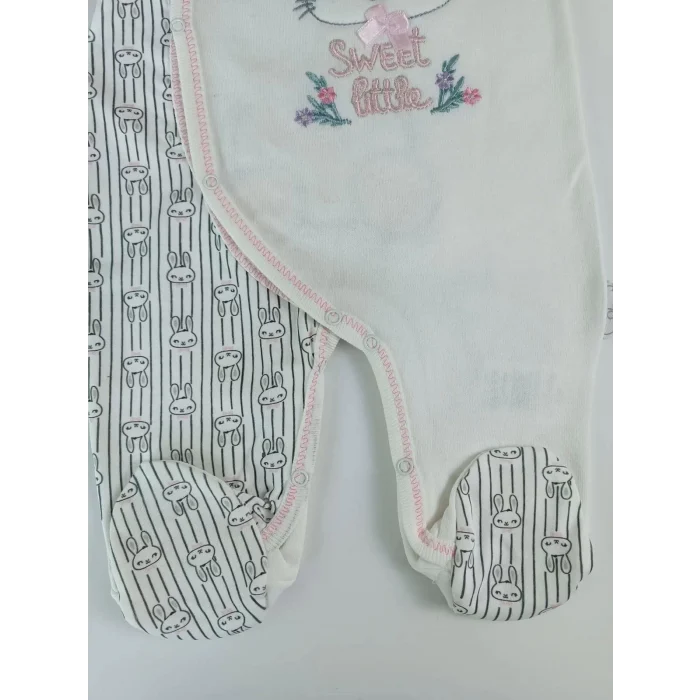 Luz&Pos 0-3 3-6 Ay Minik Tavşan Nakışlı Boydan Çıtçıt Kapamalı Kız Erkek Bebek Tulumu Ekru
