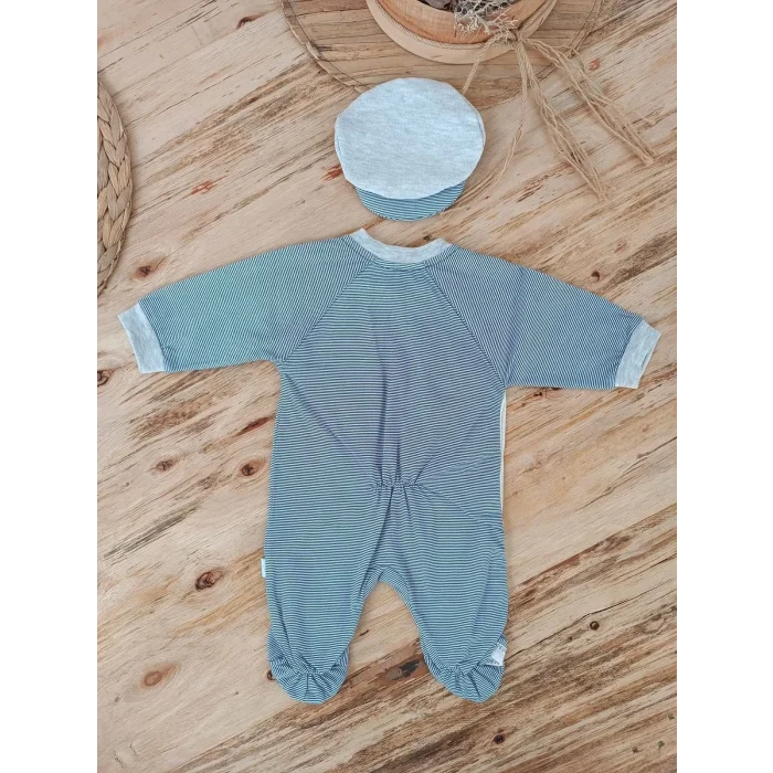 Luz&Pos 0-3 3-6 Ay Papyonlu Çizgi Desen Çıtçıt Kapama Kasketli Erkek Bebek Tulumu Lacivert