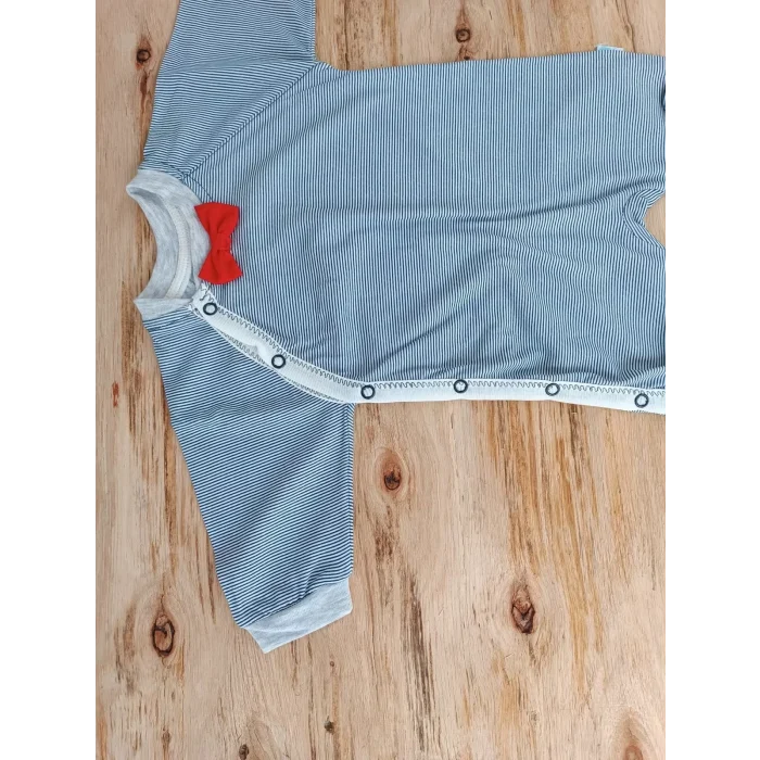 Luz&Pos 0-3 3-6 Ay Papyonlu Çizgi Desen Çıtçıt Kapama Kasketli Erkek Bebek Tulumu Lacivert