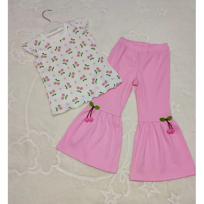 Luz&Pos 1-2-3-4 Yaş Kiraz Baskılı Tişört İspanyol Paçalı Likralı 2li Kız Çocuk Takımı Pembe