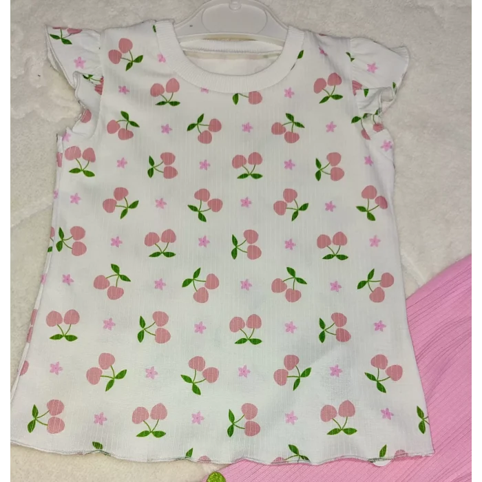 Luz&Pos 1-2-3-4 Yaş Kiraz Baskılı Tişört İspanyol Paçalı Likralı 2li Kız Çocuk Takımı Pembe