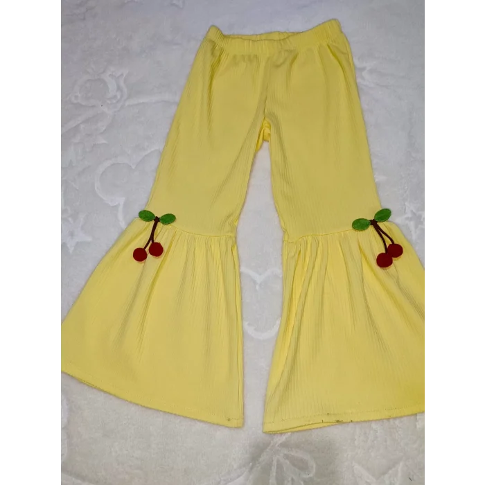 Luz&Pos 1-2-3-4 Yaş Kiraz Baskılı Tişört İspanyol Paçalı Likralı 2li Kız Çocuk Takımı Sarı