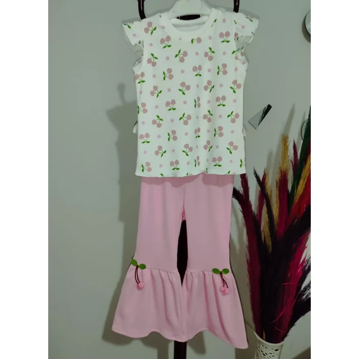 Luz&Pos 1-2-3-4 Yaş Kiraz Baskılı Tişört İspanyol Paçalı Likralı 2li Kız Çocuk Takımı Pembe