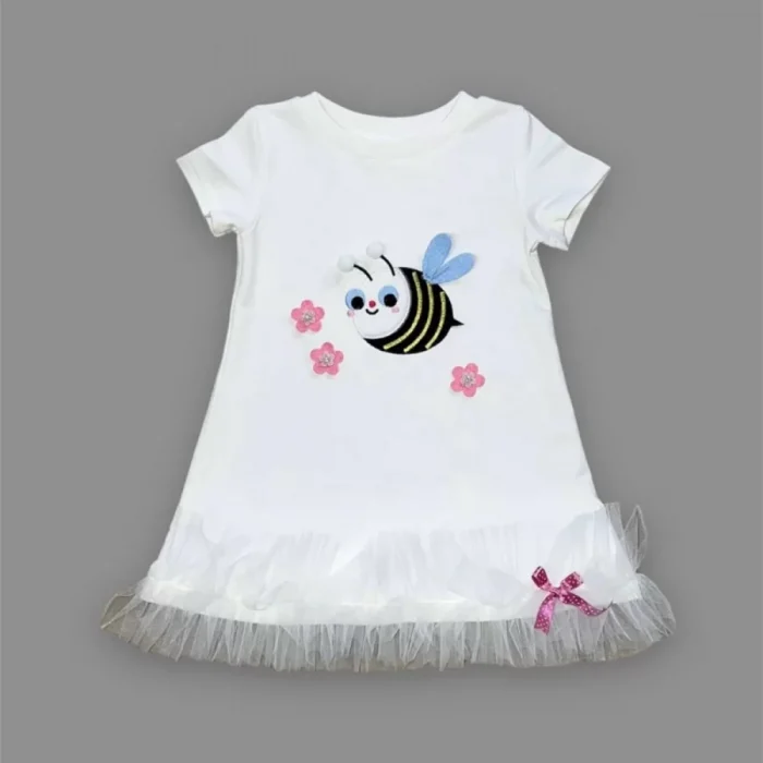 Luz&Pos 1-2-3 Yaş Arıcık Nakışlı Eteği Fırfırlı Jile Kız Çocuk Elbisesi Beyaz