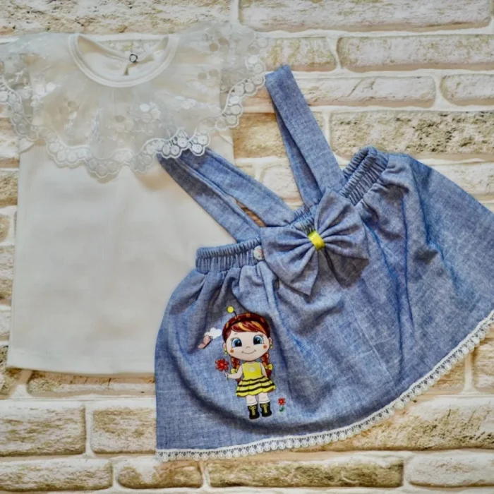 Luz&Pos 1-2-3 Yaş Bayan Arı Nakışlı Kot Desenli Etek Pamuklu Kumaş 2li Kız Bebek Salopet Takımı Mavi