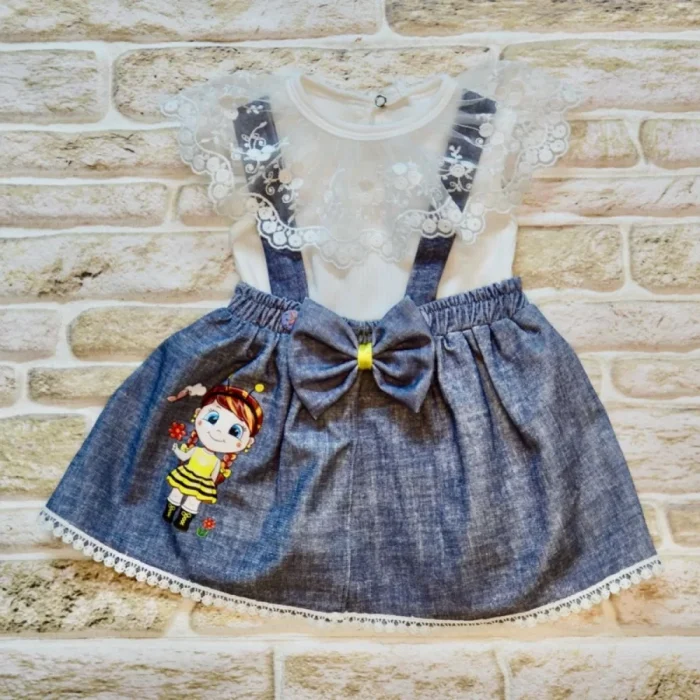 Luz&Pos 1-2-3 Yaş Bayan Arı Nakışlı Kot Desenli Etek Pamuklu Kumaş 2li Kız Bebek Salopet Takımı Lacivert