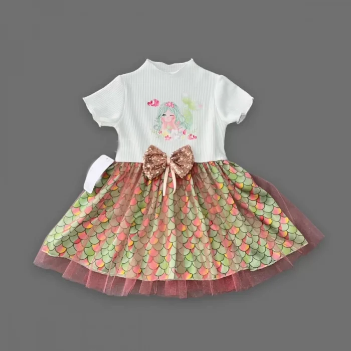 Luz&Pos 1-2-3 Yaş Denizkızı Baskılı Pul Desen Etekli Kız Bebek Elbisesi Ekru