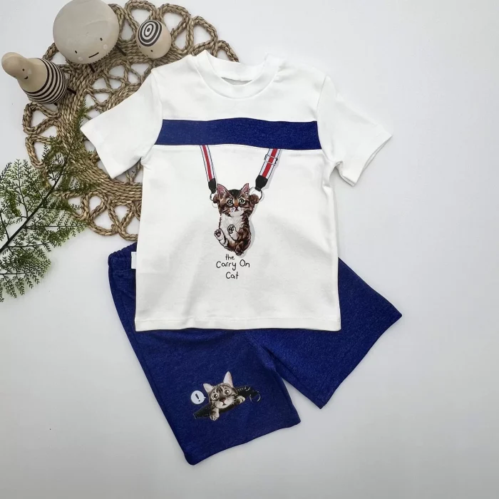 Luz&Pos 1-2-3 Yaş Fermuarlı Kedi Baskılı Şortlu Kısa Kollu Tişört 2li Erkek Bebek Takımı İndigo
