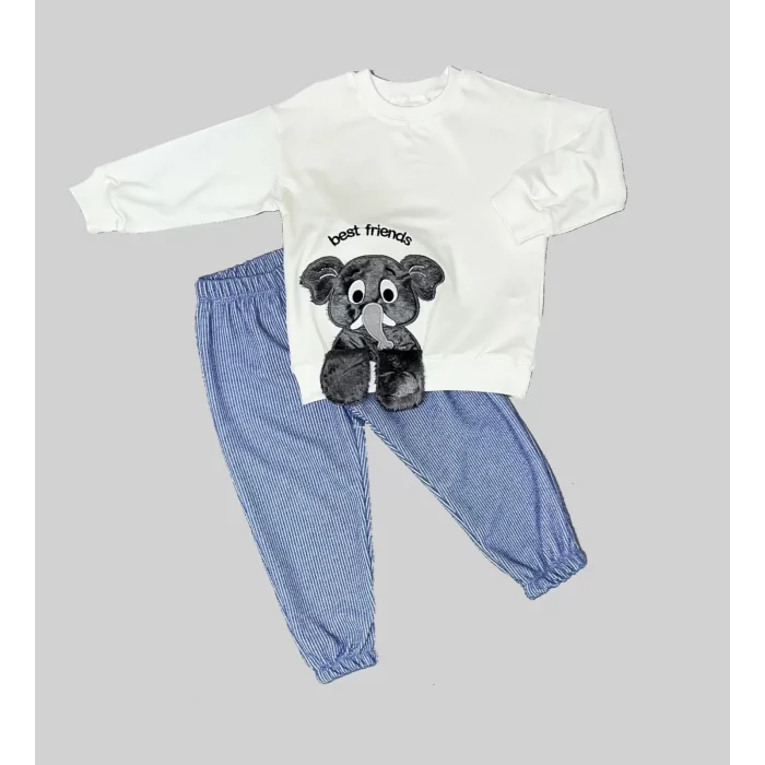 Luz&Pos 1-2-3 Yaş Filli Sallanan Ayak Desenli Likra Penye Kumaş Sweat Pantolonlu Kız Erkek 2li Çocuk Takımı Beyaz