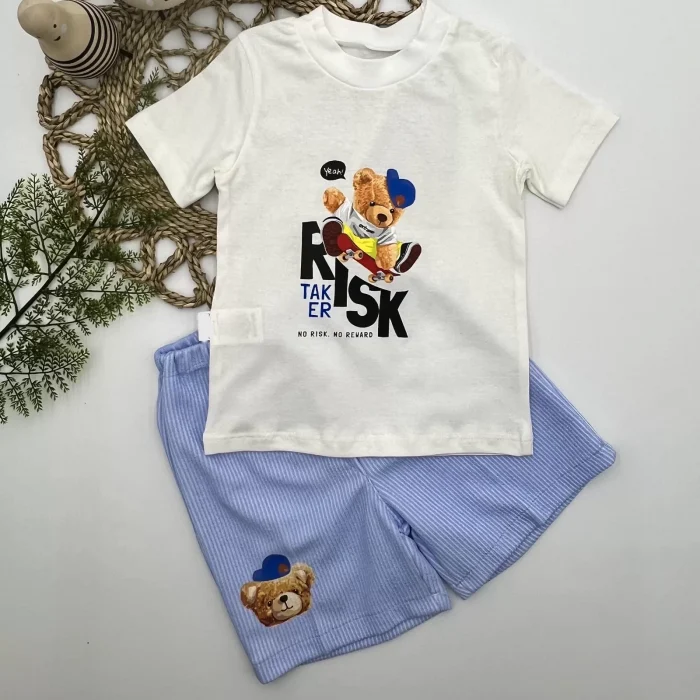 Luz&Pos 1-2-3 Yaş Kaykaycı Ayı Baskılı Şortlu Kısa Kollu Tişört 2li Erkek Bebek Takımı Ekru