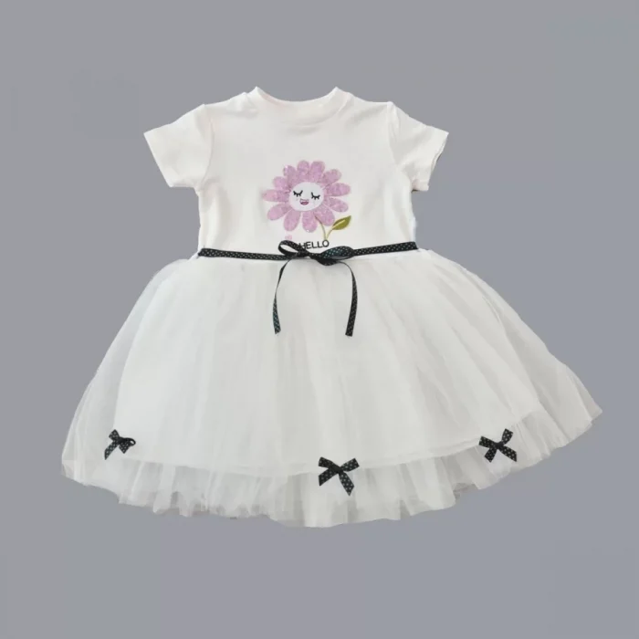 Luz&Pos 1-2-3 Yaş Payet Yapraklı Çiçek Nakışlı Astarlı Kız Bebek Tütü Elbisesi Beyaz