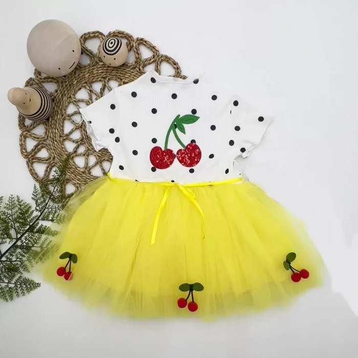 Luz&Pos 1-2-3 Yaş Payetli Kiraz Nakışlı Kiraz Etekli Kız Bebek Tütü Elbisesi Sarı