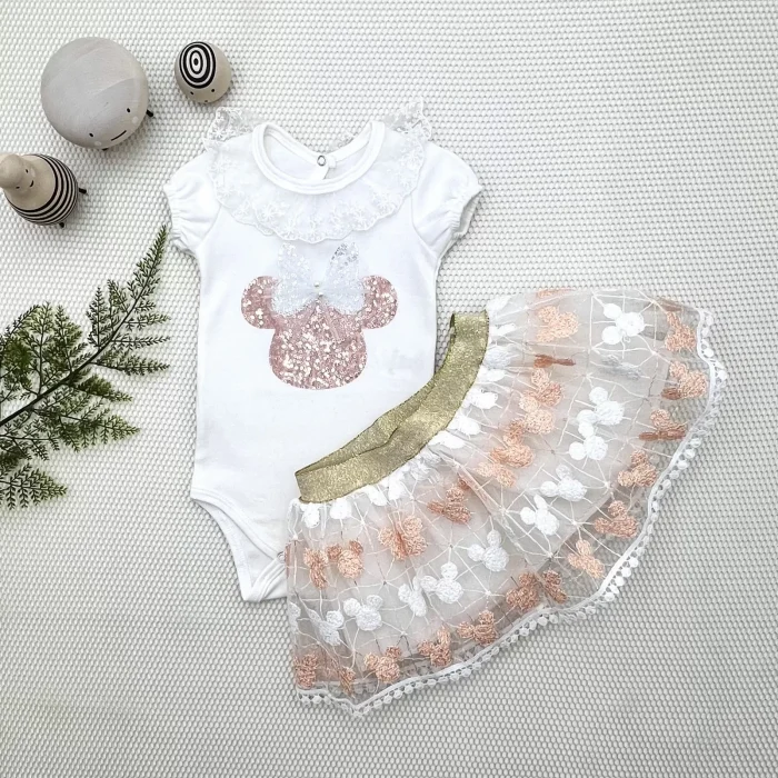 Luz&Pos 1-2-3 Yaş Payetli Mickey Nakışlı Kısa Kollu Brode Etekli 2li Kız Bebek Takımı Pudra