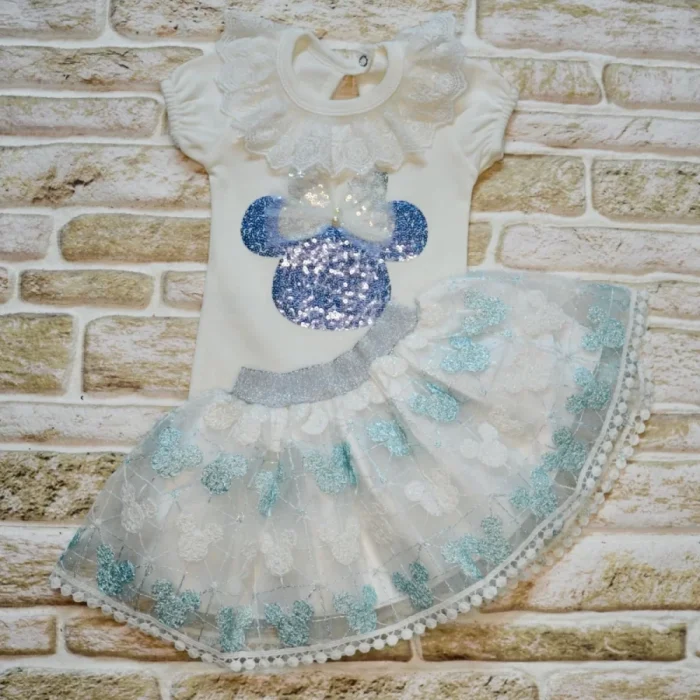 Luz&Pos 1-2-3 Yaş Payetli Mickey Nakışlı Kısa Kollu Brode Etekli 2li Kız Bebek Takımı Turkuaz