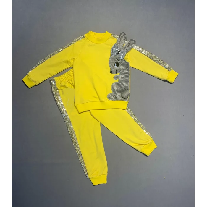 Luz&Pos 1-2-3 Yaş Payetli Pelüş Tavşan Desenli Likra Penye Kumaş Sweat Pantolonlu Kız 2li Çocuk Takımı Sarı