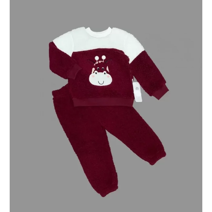 Luz&Pos 1-2-3 Yaş Ponponlu Zürafa Desenli Kuzu Kumaş Uzun Kollu 2li Kız Erkek Çocuk Takımı Bordo