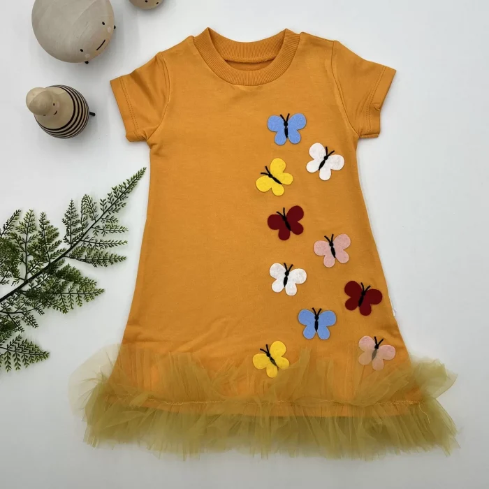 Luz&Pos 1-2-3 Yaş Renkli Kelebekler Nakışlı Eteği Fırfırlı Jile Çocuk Elbisesi Turuncu