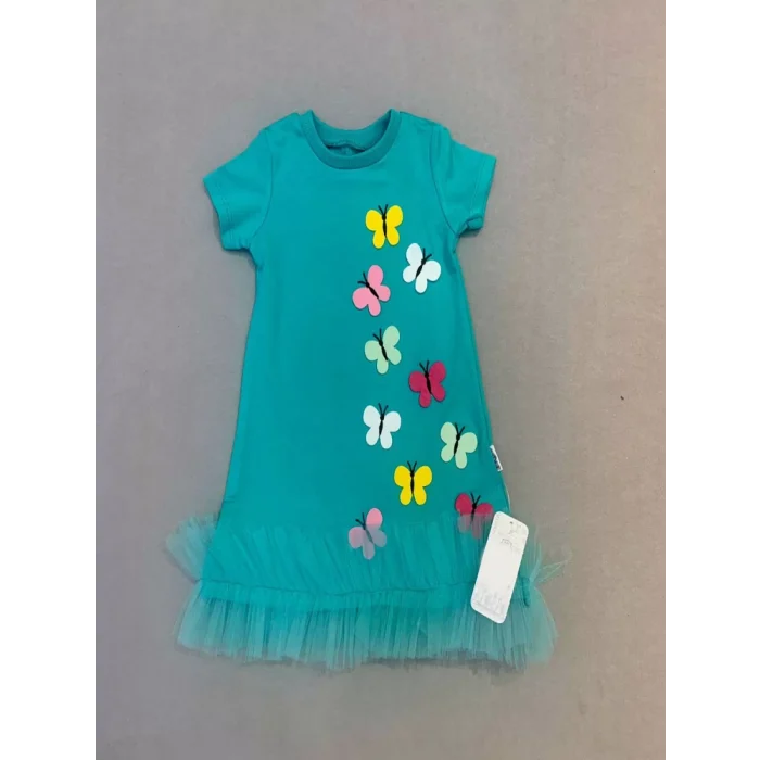 Luz&Pos 1-2-3 Yaş Renkli Kelebekler Nakışlı Eteği Fırfırlı Jile Çocuk Elbisesi Turkuaz