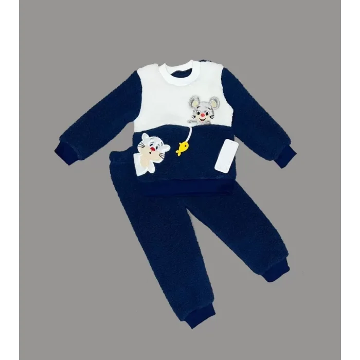 Luz&Pos 1-2-3 Yaş Sallanan Balık Nakışlı Kuzu Kumaş Sweat Pantolon Uzun Kollu Kız Erkek 2 Li Takımı Lacivert